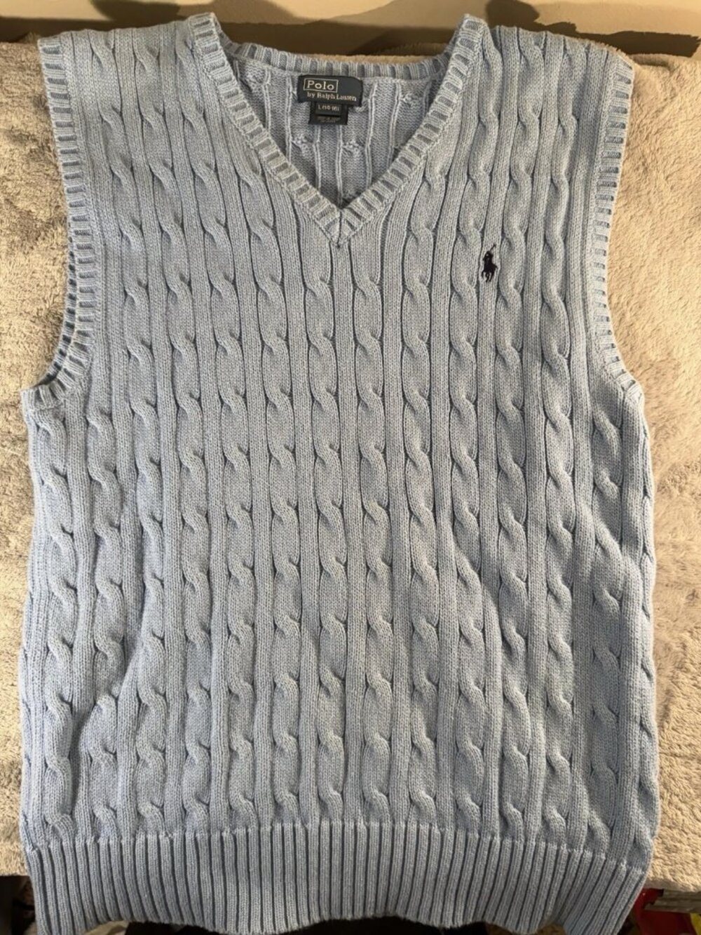 Polo Ralph Lauren Boys L 14/ 16 Light Blue Cable Knit Sweater Vest Pullover